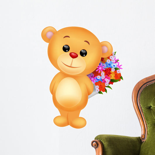 Cute bear holding flower bucket Wall Decal