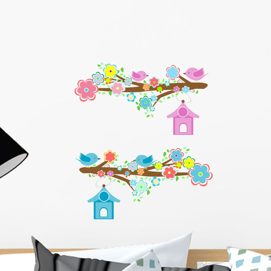 Couples of Birds Sitting on Branches Wall Decal