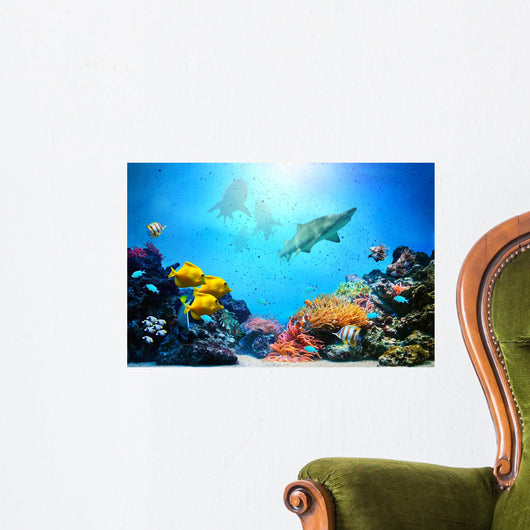 Underwater Scene Coral Reef Fish Groups Sharks Wall Mural