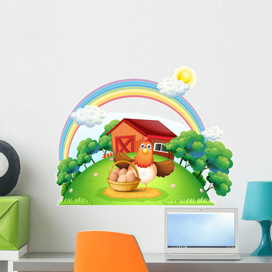 A hen with a basket of egg at the farm Wall Decal