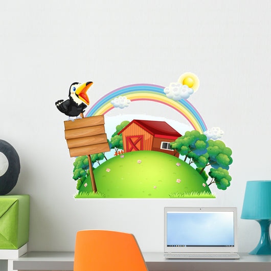 A bird at the top of a wooden signage in front of a house Wall Decal