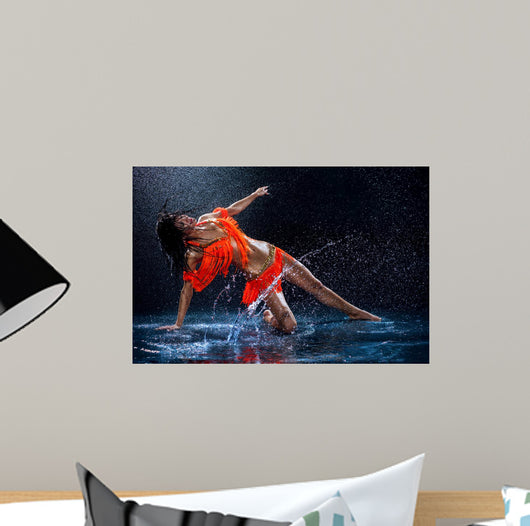 Woman Dancing under Rain Wall Mural