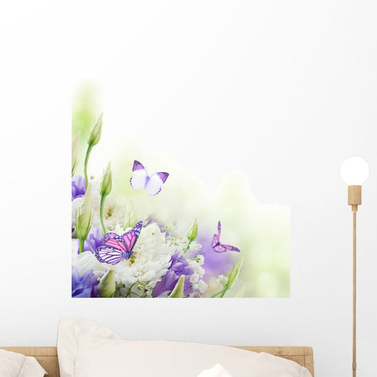 Bridal bouquet from white and pink flowers, butterfly Wall Mural