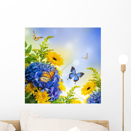 Bouquet from blue hydrangeas and butterfly, a flower background Wall Mural