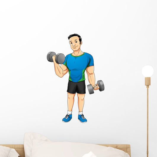 Cartoon illustration of a man exercising with dumbbells Wall Decal