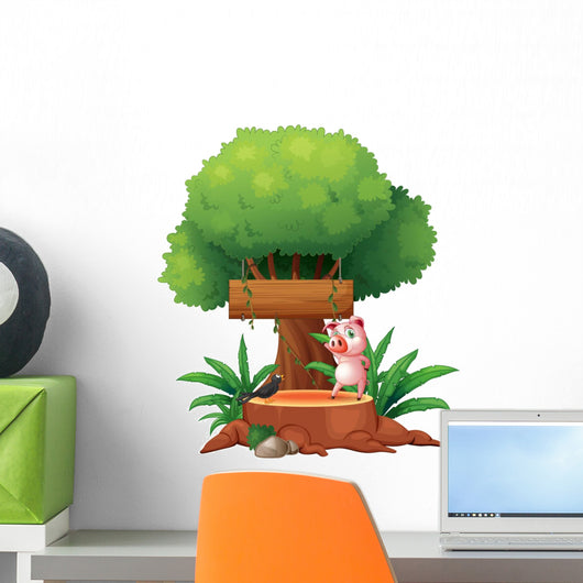 A Pig and a Bird above a Stump in Front of a Wooden Signboard Wall Decal