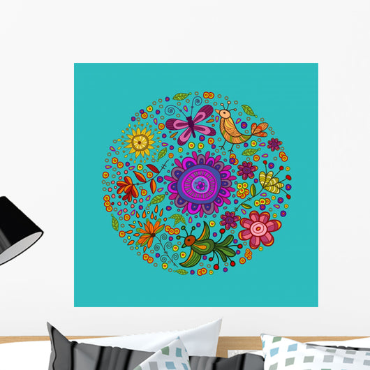 Illustration with butterfly and flowers Wall Mural