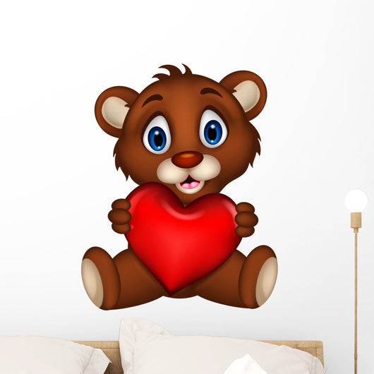 cute baby brown bear cartoon posing with heart love Wall Decal