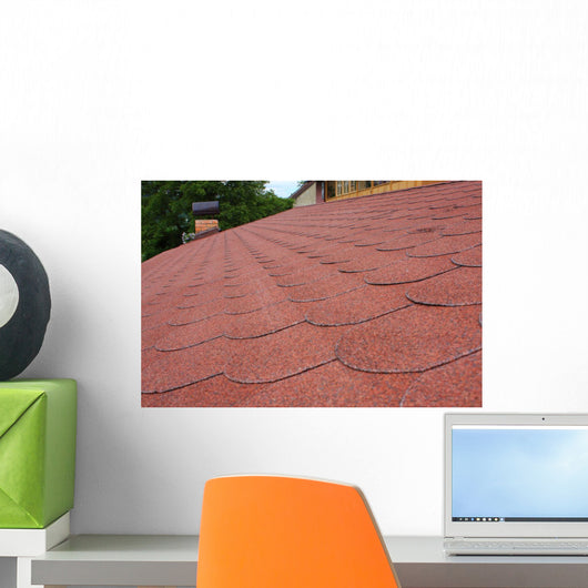 Red asphalt shingle roofing on a roof and chimney Wall Mural
