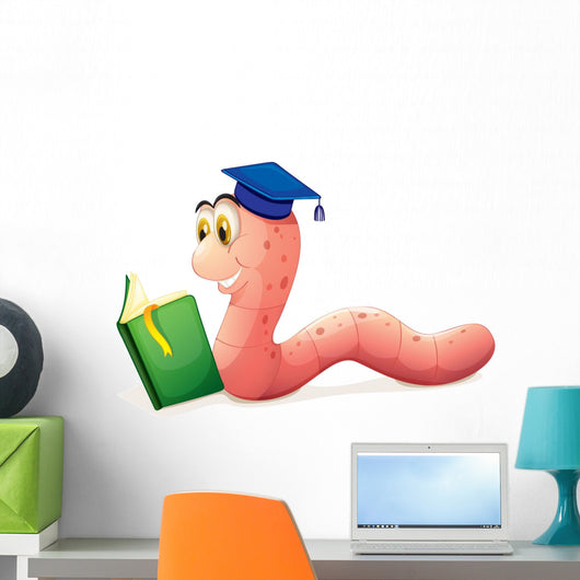 A Worm Reading Wearing a Graduation Cap Wall Decal