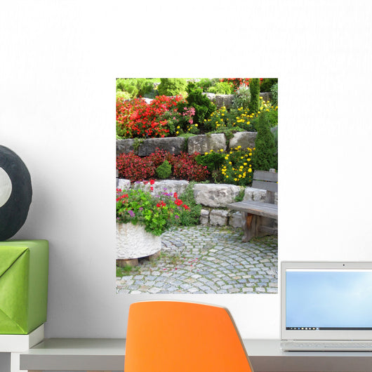 Stone Wall Bench and Plants Wall Mural