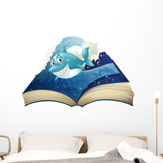 A Book with a Smiling Blue Shark and Waves Wall Decal