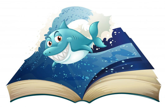 A Book with a Smiling Blue Shark and Waves Wall Decal
