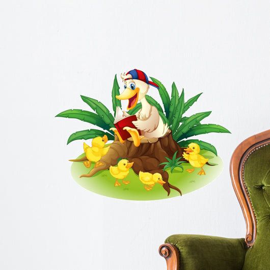 A duck reading on a stump with her ducklings Wall Decal