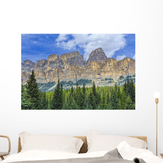 Castle Mountain and coniferous trees, Banff National Park Wall Mural