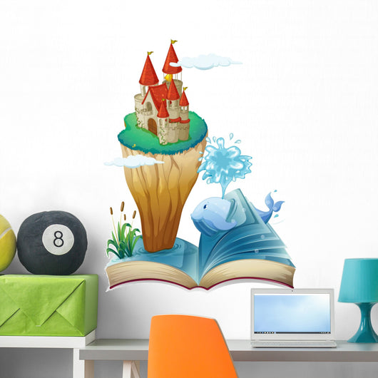 A book with a dolphin and an island with a castle Wall Decal