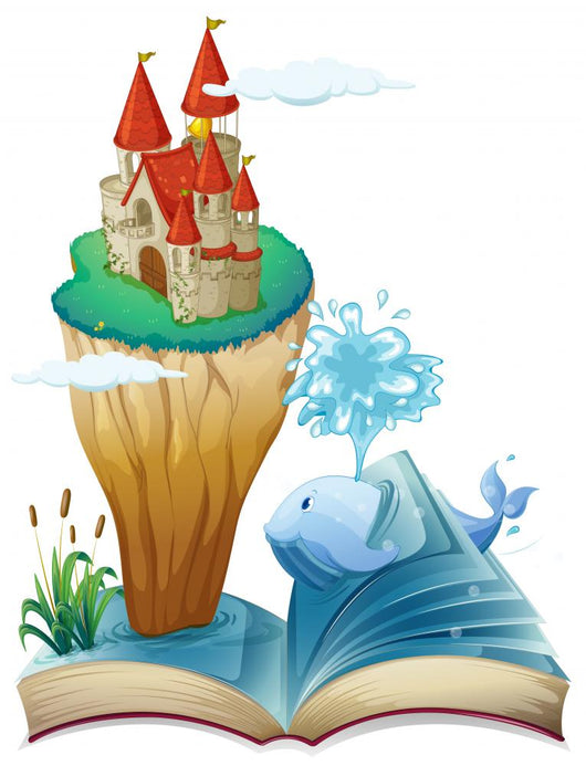 A book with a dolphin and an island with a castle Wall Decal