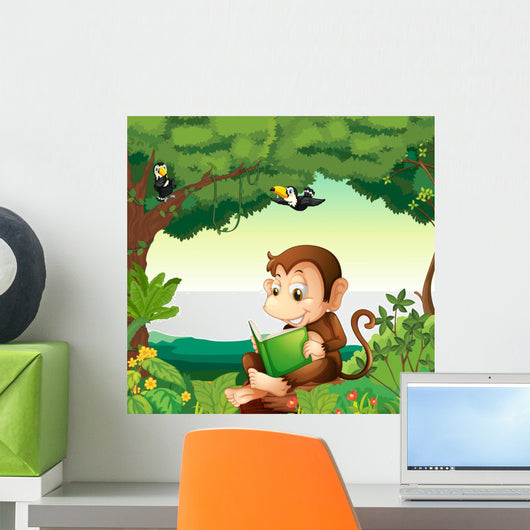 A monkey reading a book at the forest Wall Decal