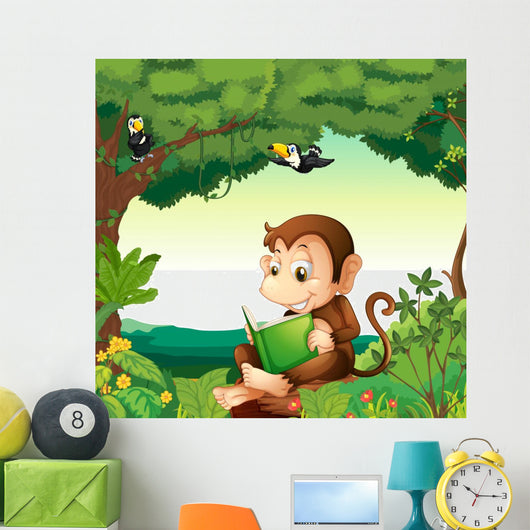 A monkey reading a book at the forest Wall Decal
