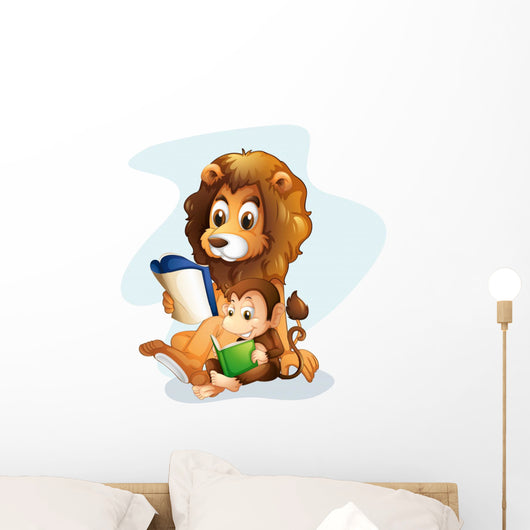 A monkey and a lion reading books Wall Decal
