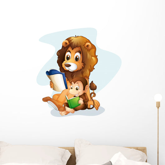 A monkey and a lion reading books Wall Decal