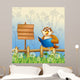 An owl reading a book beside a wooden signboard Wall Mural