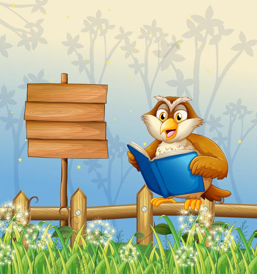 An owl reading a book beside a wooden signboard Wall Mural
