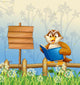 An owl reading a book beside a wooden signboard Wall Mural