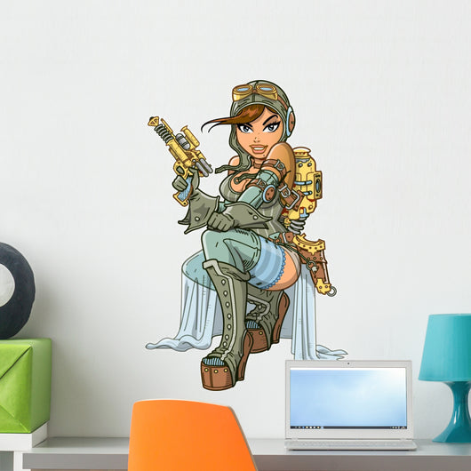 Sexy Steampunk Aviator With Ray Gun Wall Decal