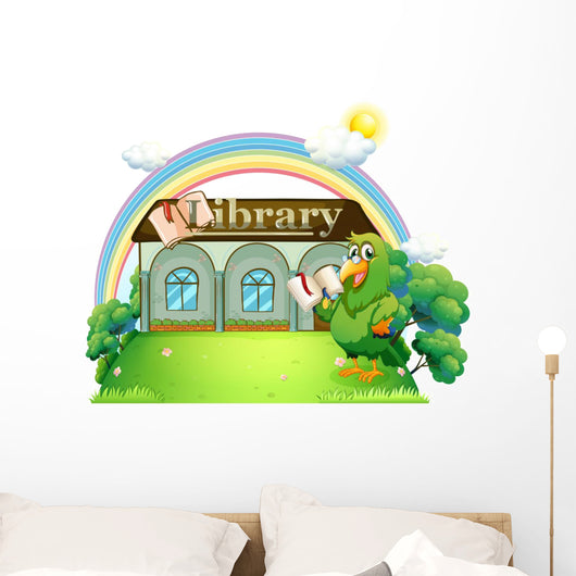 A Green Parrot Reading outside the Library Wall Mural
