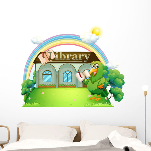 A Green Parrot Reading outside the Library Wall Mural