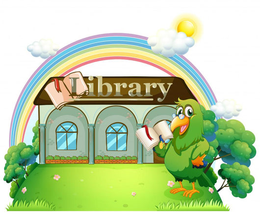 A Green Parrot Reading outside the Library Wall Mural