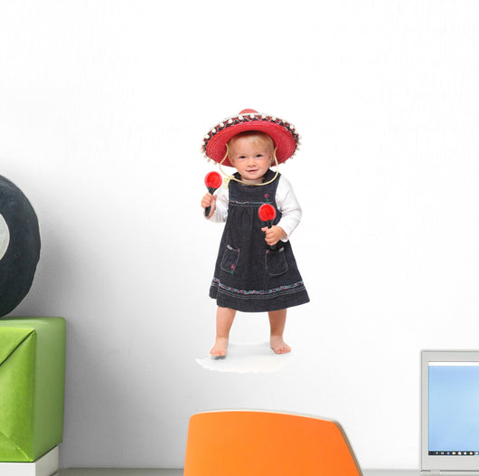 Little girl singing and dancing in the mexican sombrero Wall Decal