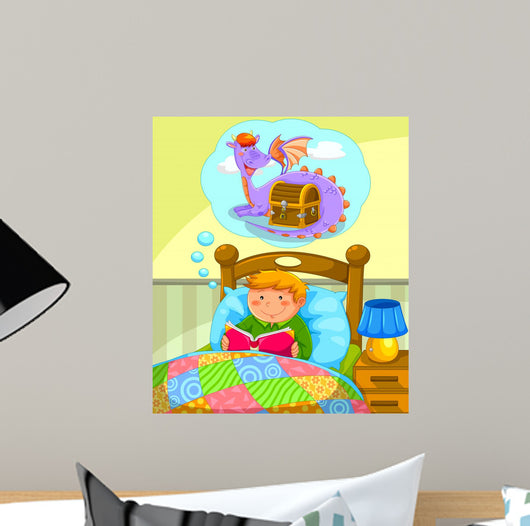 boy in bed reading a book about dragons Wall Mural