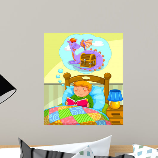 boy in bed reading a book about dragons Wall Mural