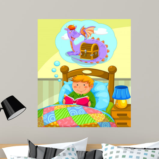 boy in bed reading a book about dragons Wall Mural