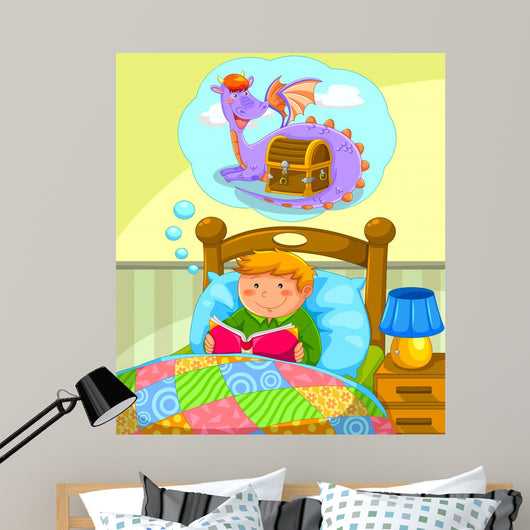 boy in bed reading a book about dragons Wall Mural