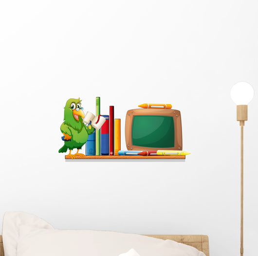 A Parrot above a Bookshelf with Books and an Empty Board Wall Decal