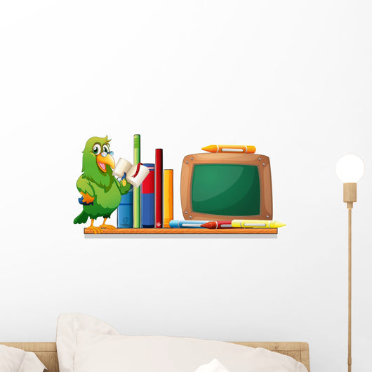 A Parrot above a Bookshelf with Books and an Empty Board Wall Decal