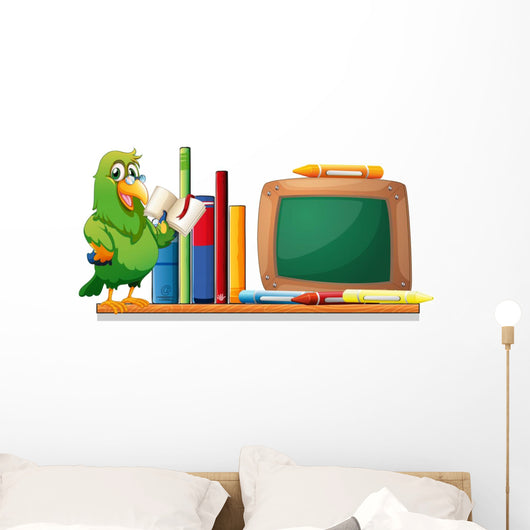A Parrot above a Bookshelf with Books and an Empty Board Wall Decal