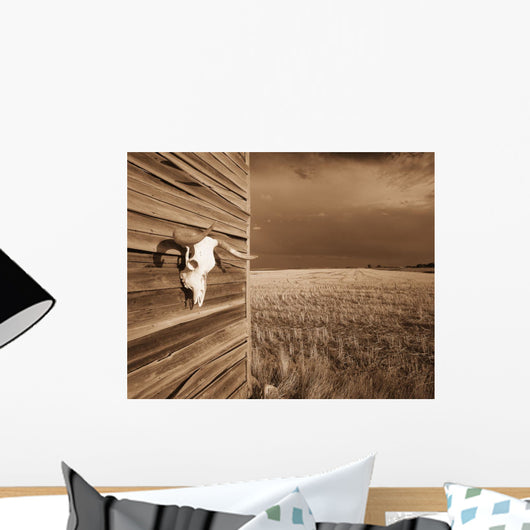 Cow Skull On Shack Wall In Brown Tones Wall Mural