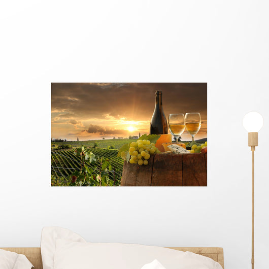 White Wine with Barrel in Vineyard Wall Decal