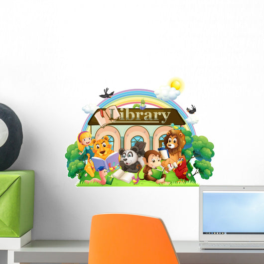 Animals Reading Library Wall Decal