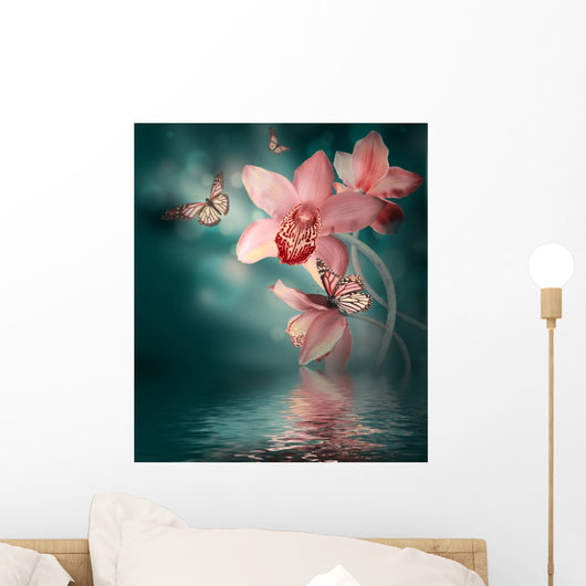 Orchids with Butterfly Colored Wall Decal Design 2