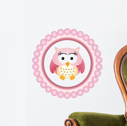 Pink Owl round Label Wall Decal