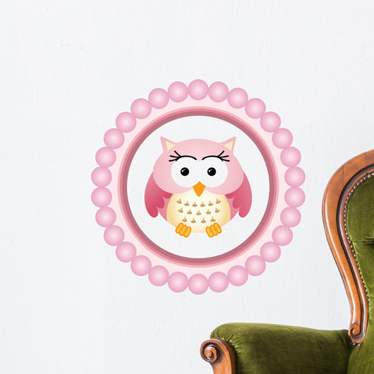 Pink Owl round Label Wall Decal