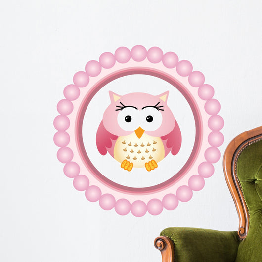 Pink Owl round Label Wall Decal