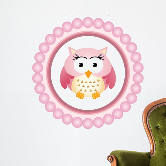 Pink Owl round Label Wall Decal