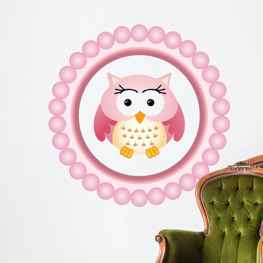 Pink Owl round Label Wall Decal