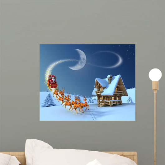 Christmas night scene - Santa Claus rides reindeer sleigh Wall Mural